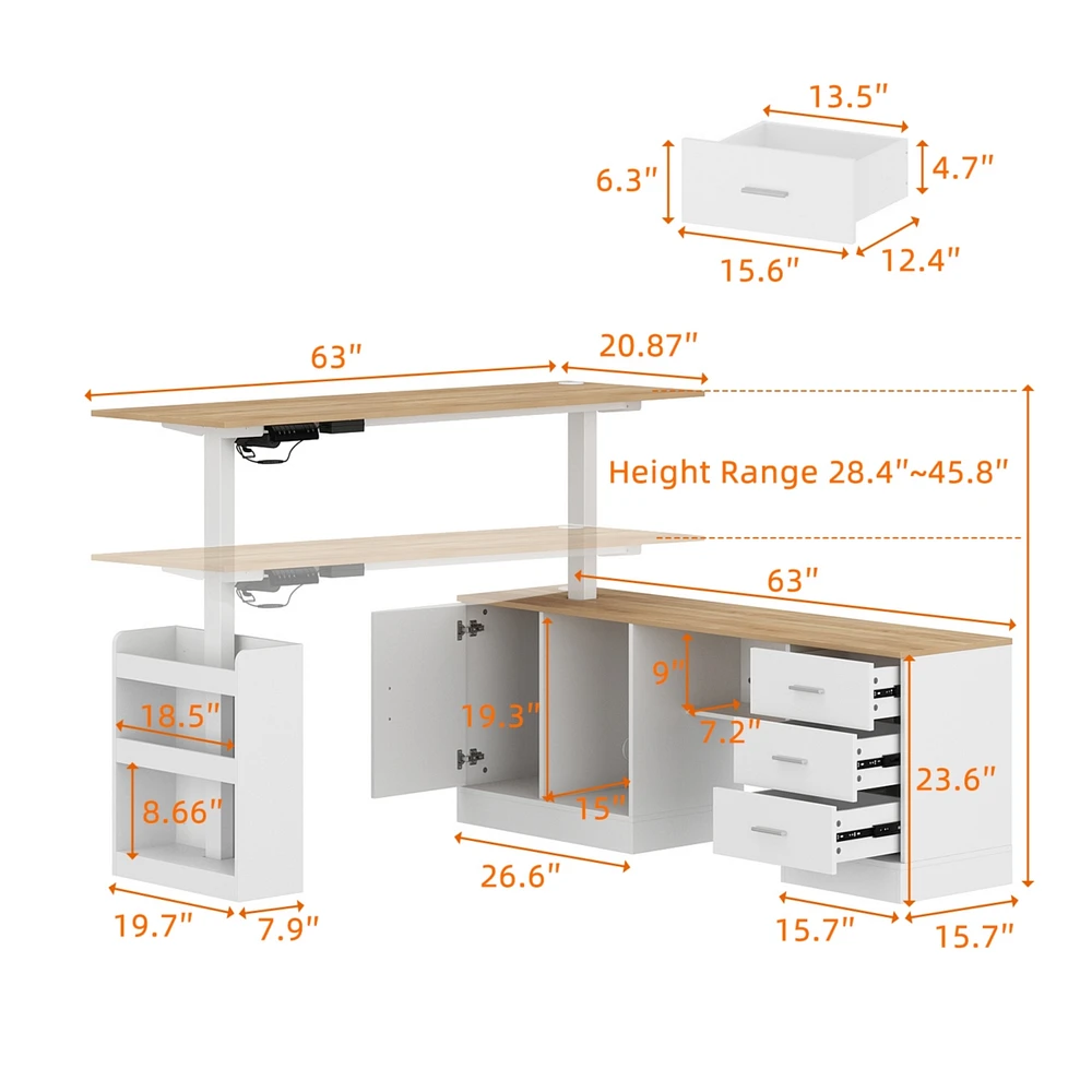 Famapy 63 in. W L- Shaped Adjustable Height Desk Ergonomic Stand Up Desk White Home Office Sit With Memory Preset Controller