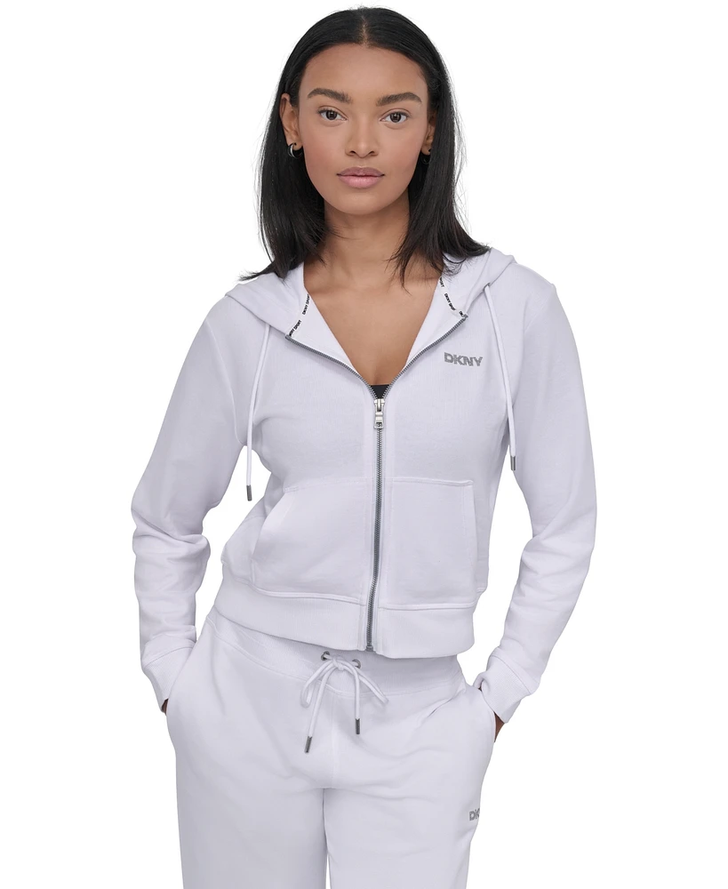 Dkny Sport Women's Cotton-Blend Stud-Logo Full Zip Hoodie