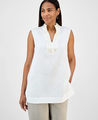 Charter Club Women's Embellished 100% Linen Tunic, Exclusively at Macy's