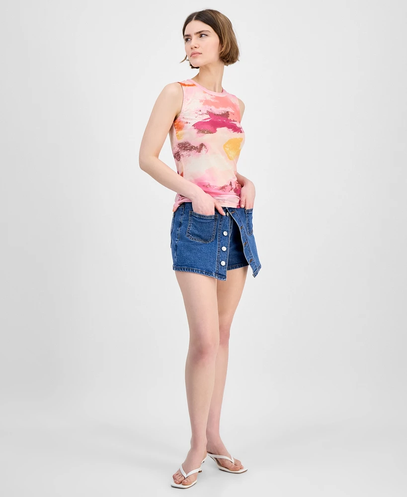 Bar Iii Women's Printed Mesh Crewneck Sleeveless Top, Exclusively at Macy's