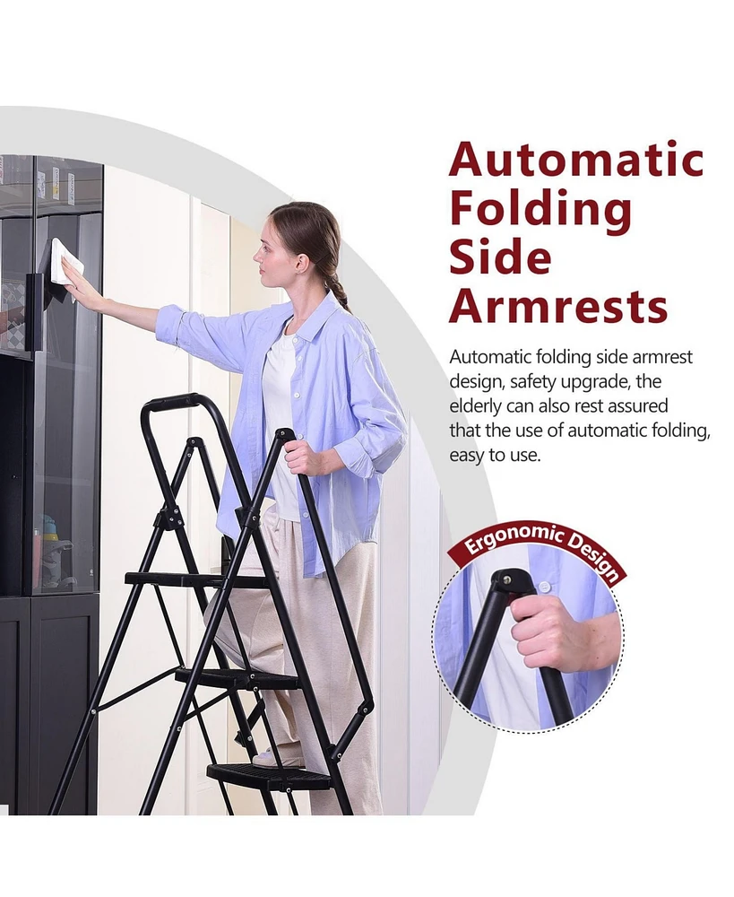 5 Step Lightweight Folding Ladder with Wide Anti-Slip Pedal and Safety Handle, Multi-Purpose Steel Step Ladder