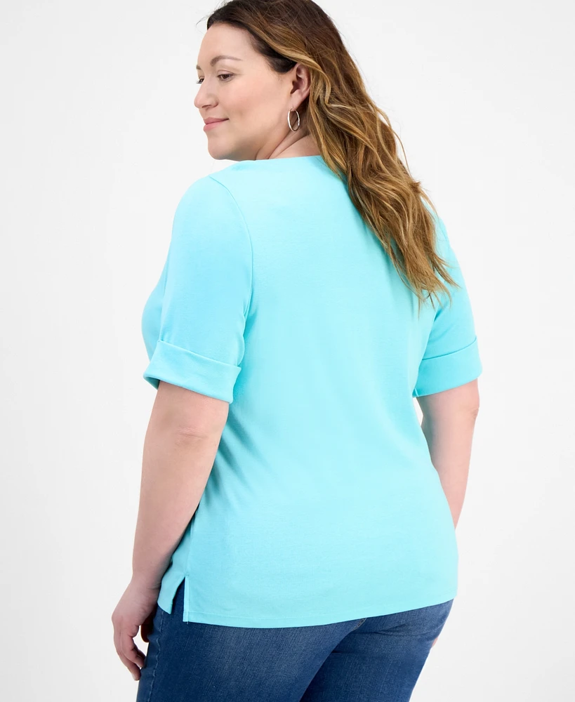 Style & Co Plus Boat-Neck Elbow Sleeve Cotton Top, Exclusively at Macy's