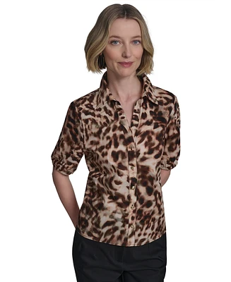 Halston Women's Cotton Printed Elbow-Sleeve Button-Front Blouse