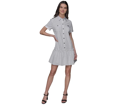 Karl Lagerfeld Paris Women's Embellished Shirred Shirtdress With Spread Collar