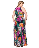 Xscape Plus Printed Halter-Neck Pleated Sleeveless Gown