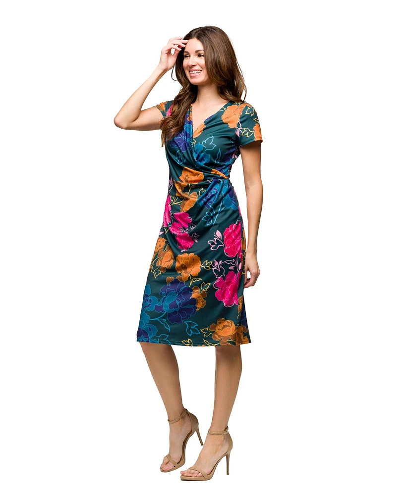 24seven Comfort Apparel Women's Floral Knee Length Short Sleeve Faux Wrap Dress