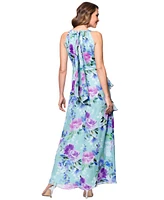 Betsy & Adam Petite Printed Halter-Neck Ruffled Sleeveless Gown