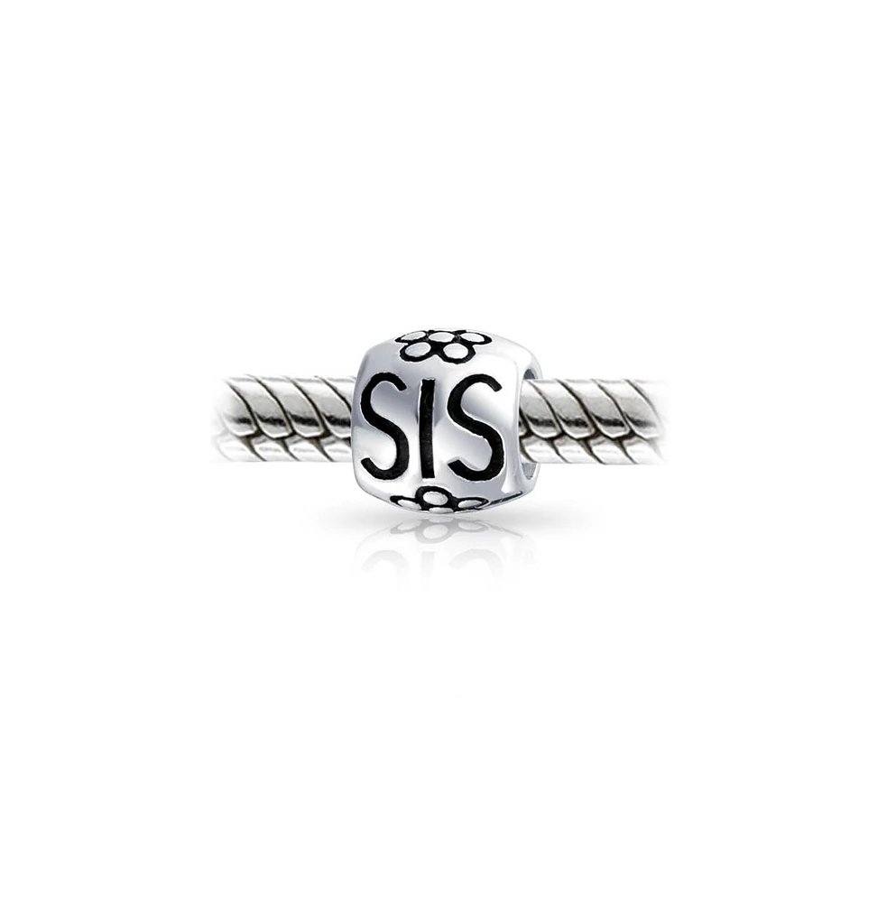Bling Jewelry Set of 2 Sis and Heart Flower Filigree Round Bouquet Barrel Charm Bead Silver