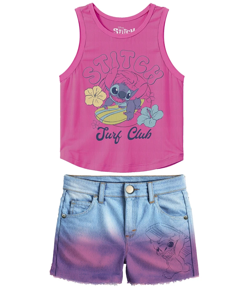 Disney Toddler and Little Girls 2-Piece Stitch Surf Club Tank Top Denim Shorts Set