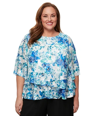 Alex Evenings Plus Printed Chiffon 3/4-Sleeve Blouse