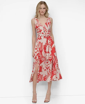 Dkny Women's Printed V-neck Belted Sleeveless Dress