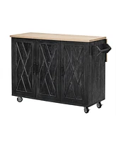 Geometric Twill Kitchen Island with Drop Leaf, Rolling Storage Cart with Towel Rack (Black