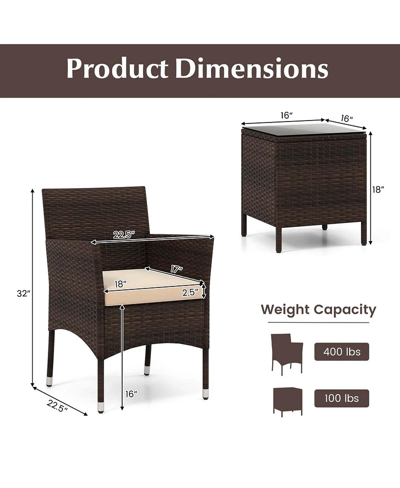 3 Pcs Outdoor Conversation Set with Cushioned Seat & Tempered Glass Tabletop