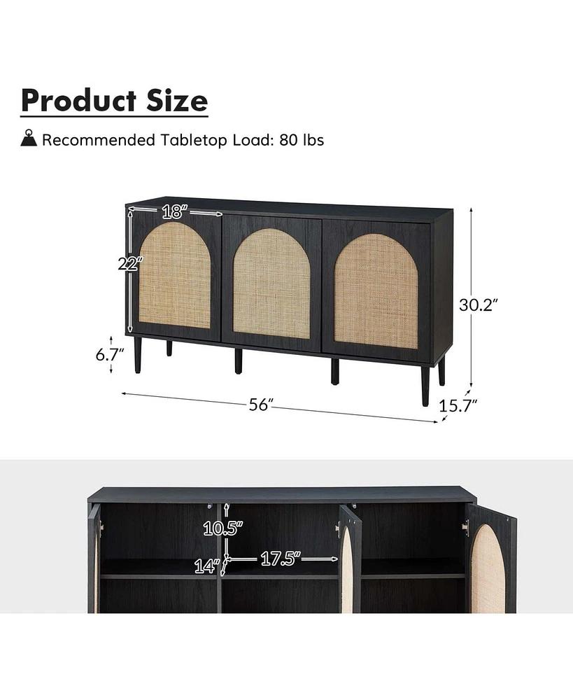 Ulysses Modern 56”Wide Sideboard with 3 Doors and Solid Wood Legs
