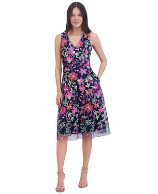 Jessica Howard Women's Floral-embroidered V-neck Fit & Flare Dress