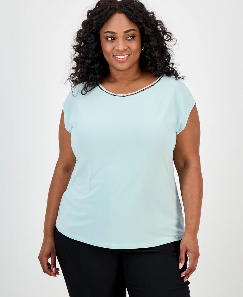 Kasper Plus Beaded-Neckline Short-Sleeve Top