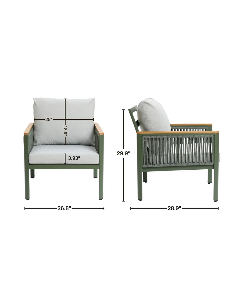 LuxenHome Outdoor Aluminum with Wood-Style Plastic Armchairs with Cushions, Set of 2