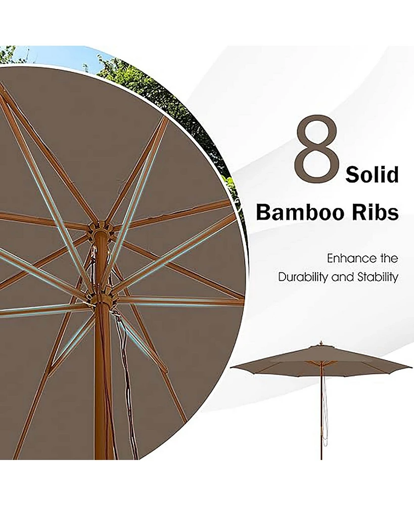 Gymax 10FT Wooden Market Table Umbrella Pulley Sunshade Canopy w/8 Bamboo Ribs