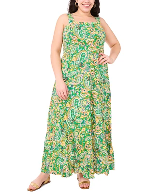 Vince Camuto Plus Paisley- Print Square-Neck Smocked-Back Sleeveless Maxi Dress