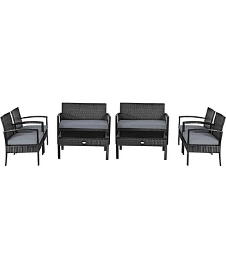 Gymax 8PCS Patio Wicker Rattan Conversation Set Outdoor Furniture Set w/ Cushion