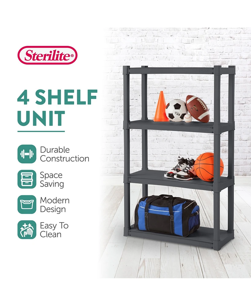 Sterilite Plastic Indoor Outdoor 4 Shelf Durable Shelving Unit, Gray, 2 Pack