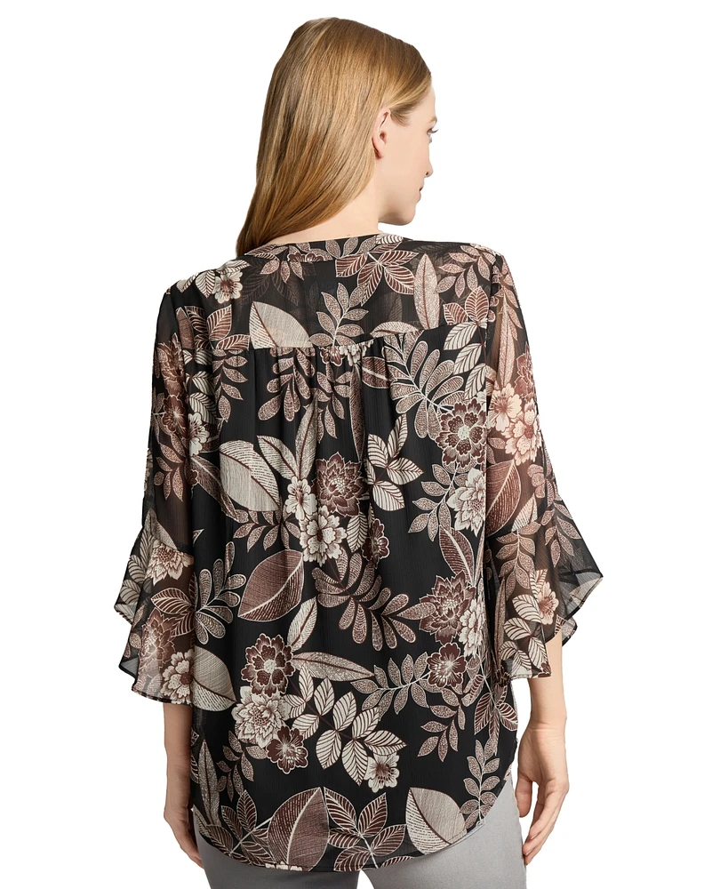 Jones New York Women's Floral-Print Bell-Sleeve Top