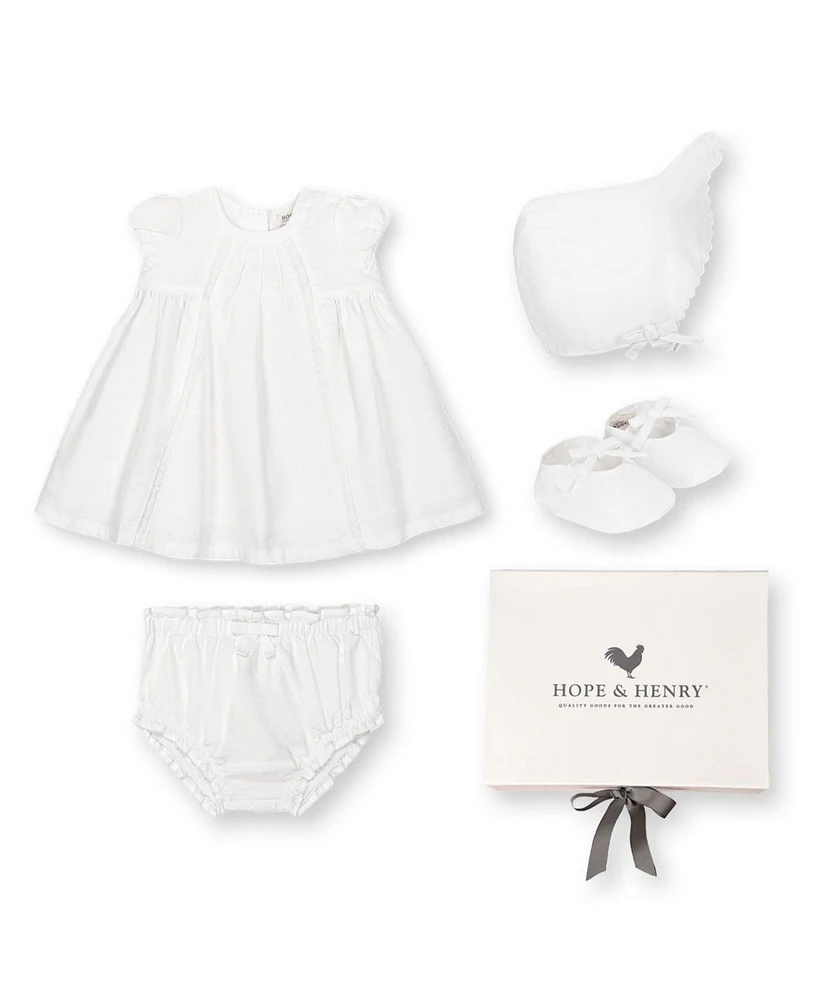 Hope & Henry Baby 3 Piece Special Occasion Linen Pintuck Dress, Diaper Cover, & Bonnet Boxed Gift Set, Infant
