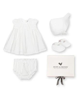 Hope & Henry Baby 3 Piece Special Occasion Linen Pintuck Dress, Diaper Cover, & Bonnet Boxed Gift Set, Infant