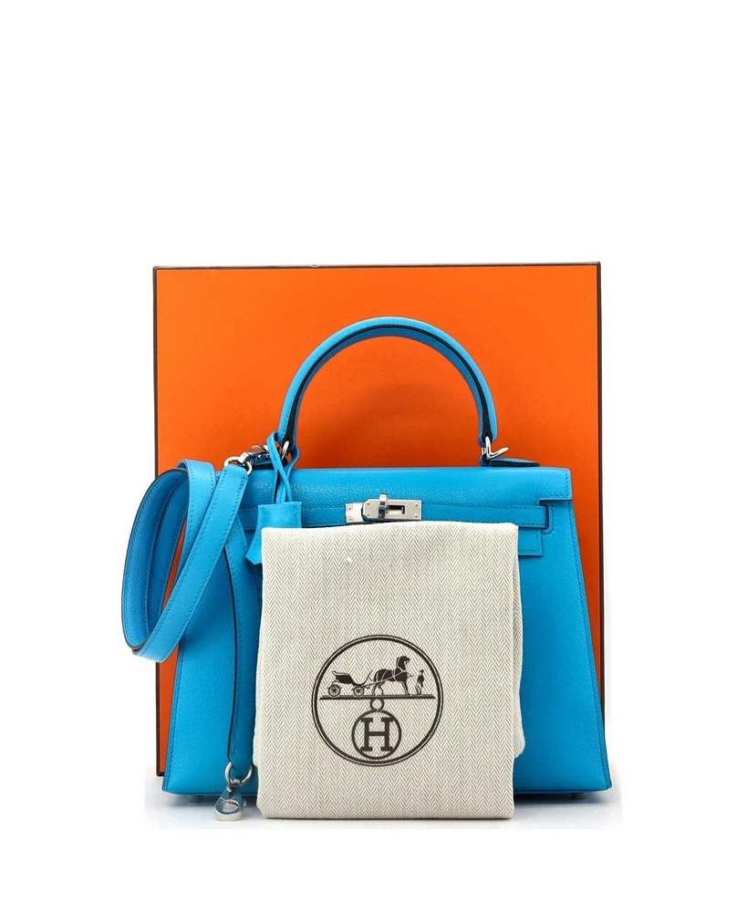 Pre-Owned Hermes Kelly 25 Handbag Blue Chevre Chamkila with Palladium Hardware