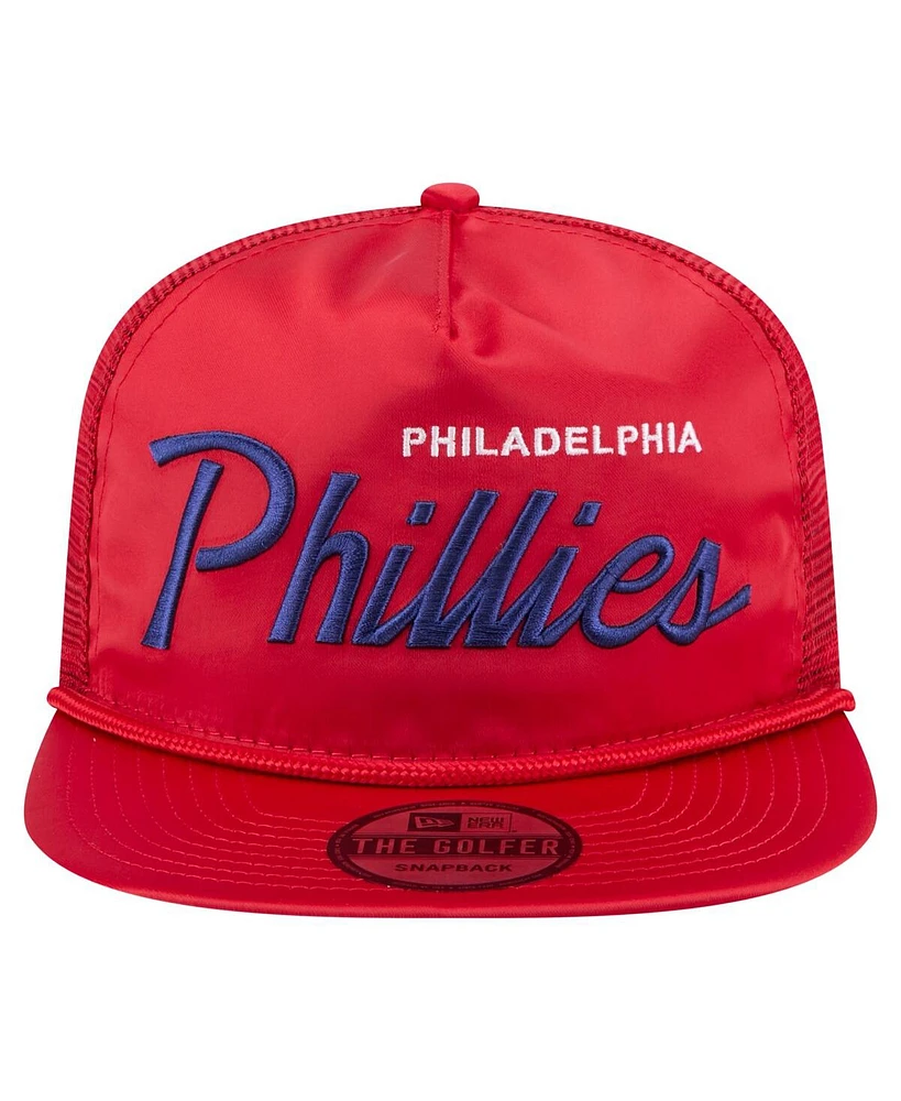 New Era Men's Red Philadelphia Phillies Retro Satin Script Golfer Adjustable Hat