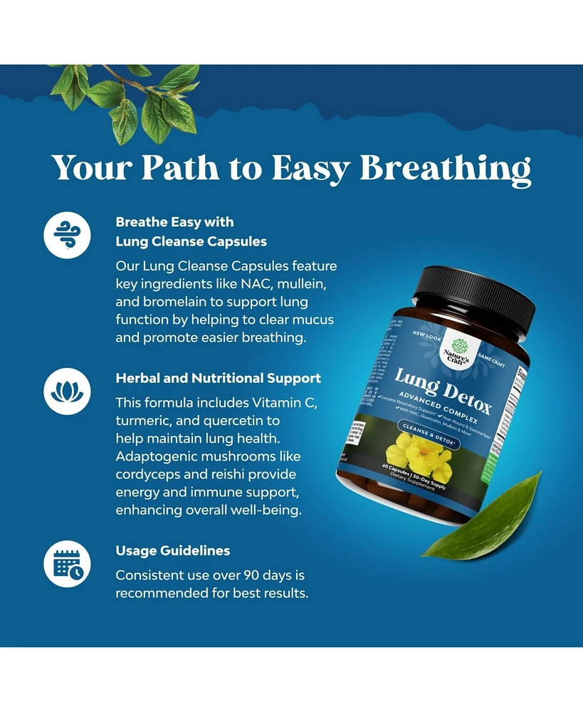 Lung Cleanse Capsules | Lung Detox Mullein Leaf Capsules | Respiratory Supplement for Sinus Immunity Breathing Support | 60ct