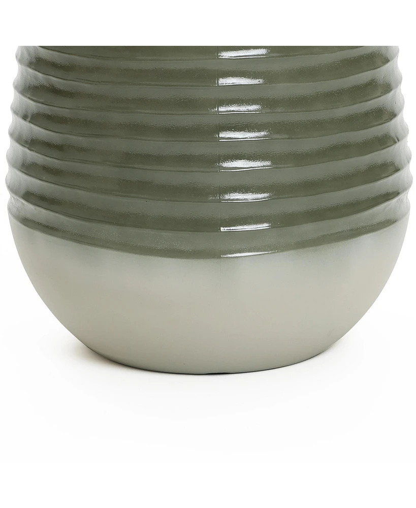 LuxenHome Emerald Ribbed Top with Ivory Bottom 14.6" Tall Resin Round Planter