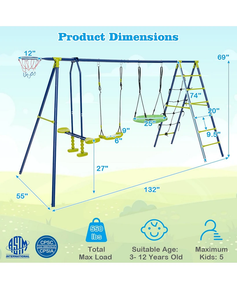 550 Lbs 6-in-1 Patio Kids Swing Set with Climbing Net and Ladder