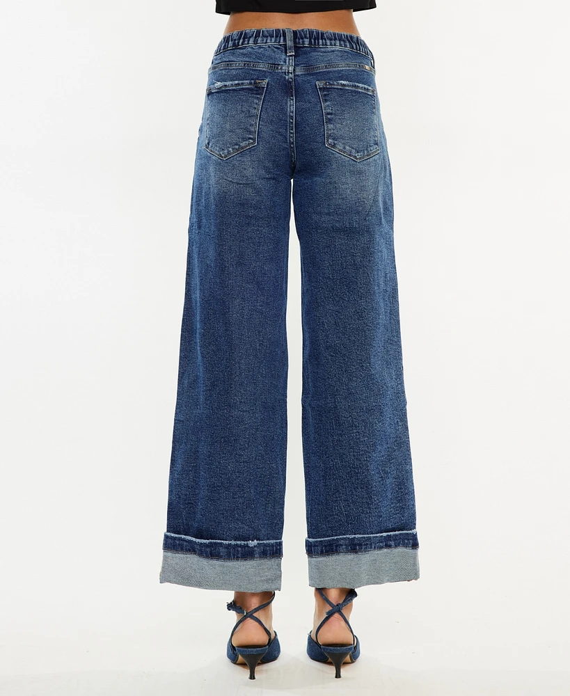 Kancan Women's High Rise Wide Leg Pull On Jeans