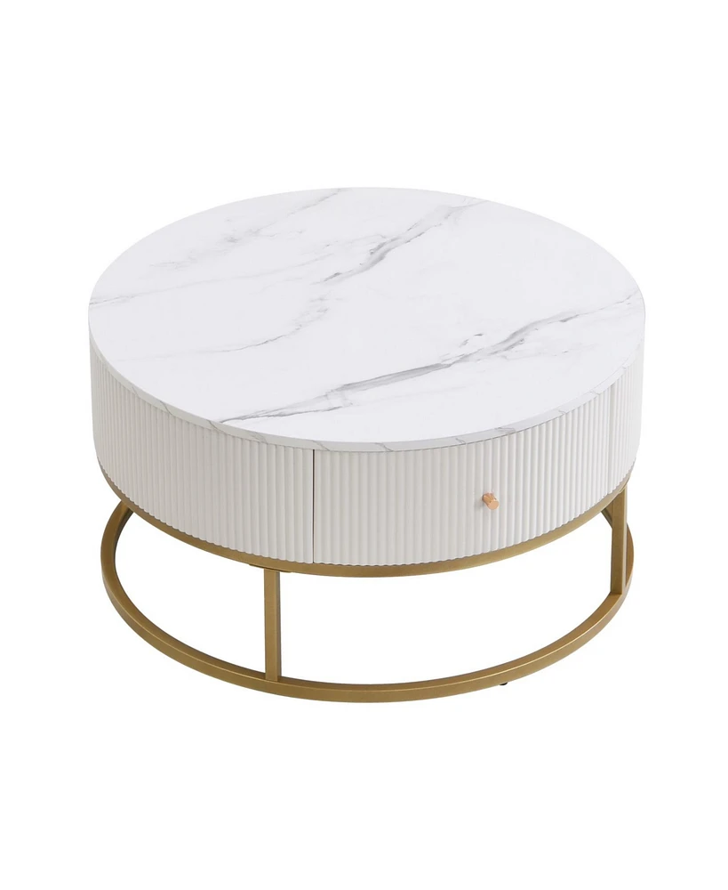 31.5" Round Coffee Table w/ Drawers, Faux Marble Top