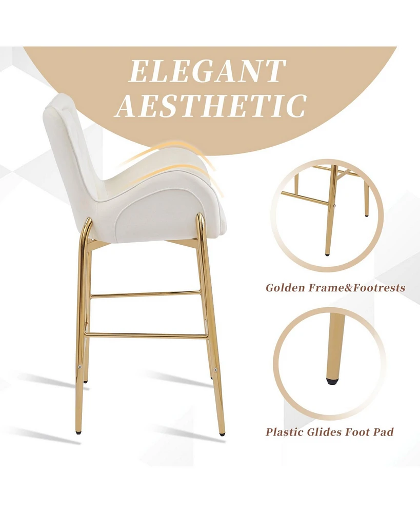 Streamdale Furniture 28.75inch Counter Height Bar Stools Set of 2, Bar Height Arm Chairs, Velvet Fabric Stools with Golden Legs and Footrests, White