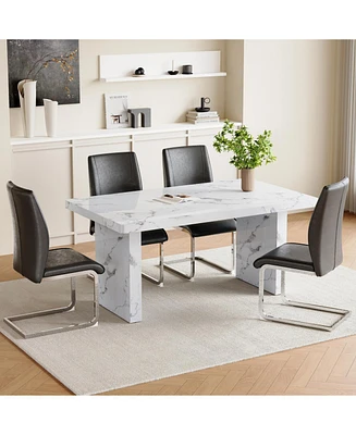 White Marble Table & Gray Pu Chairs - 63" Dining Set