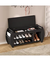 Retro Multifunctional Storage Bench with Cushion and Curved Side Panel for Entrance and Living Room (Black