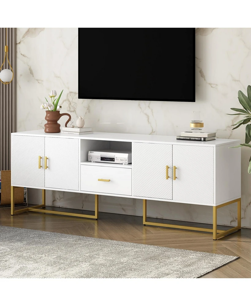 Modern Tv Stand for TVs up to 70", with Drawer, Cabinets, Metal Legs, and Safety Features