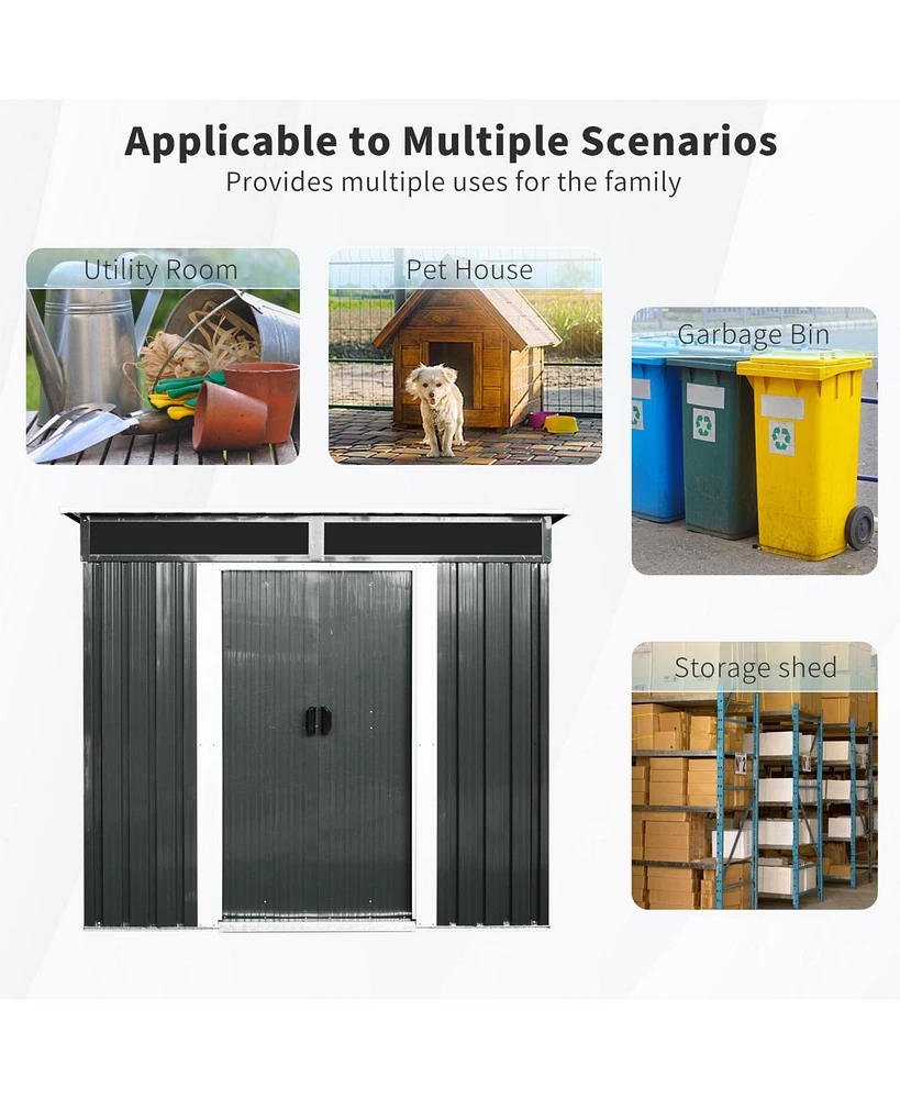 6ft x 5ft Outdoor Metal Storage shed with Lockable Sliding Doors and Transparent plate for Garden, Lawn (Black and White)