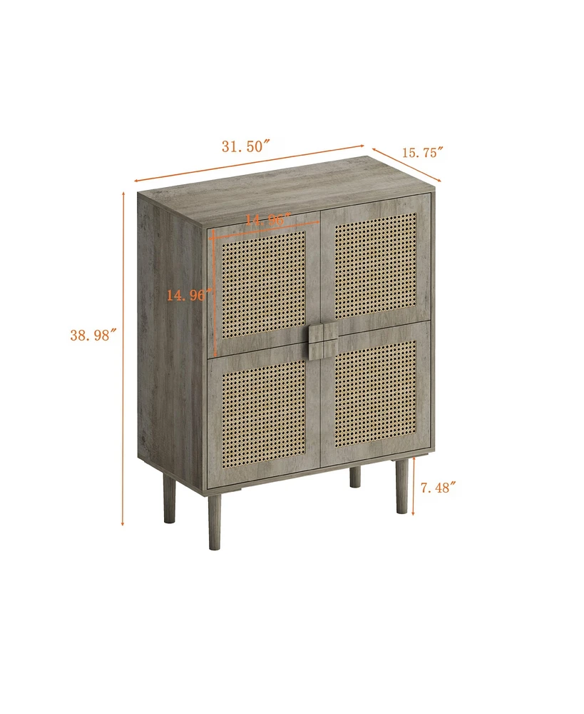 4-Doors Rattan Mesh Storage Cabinet, Sideboard with Eight Storage Spaces, for Entryway, Living Room, Hallway (Grey with Woodgrain)