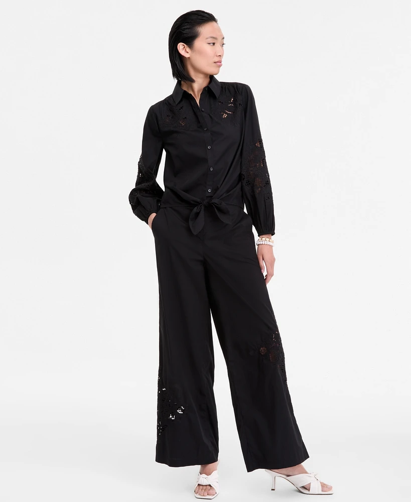 I.n.c. International Concepts Women's Eyelet Cotton Tie-Front Blouse, Exclusively at Macy's