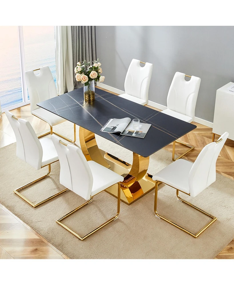 63" Sintered Stone Dining Set: Black Table, 6 White/Gold Chairs