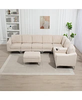 Beige Corduroy Convertible Sectional Sofa with Ottoman, Usb