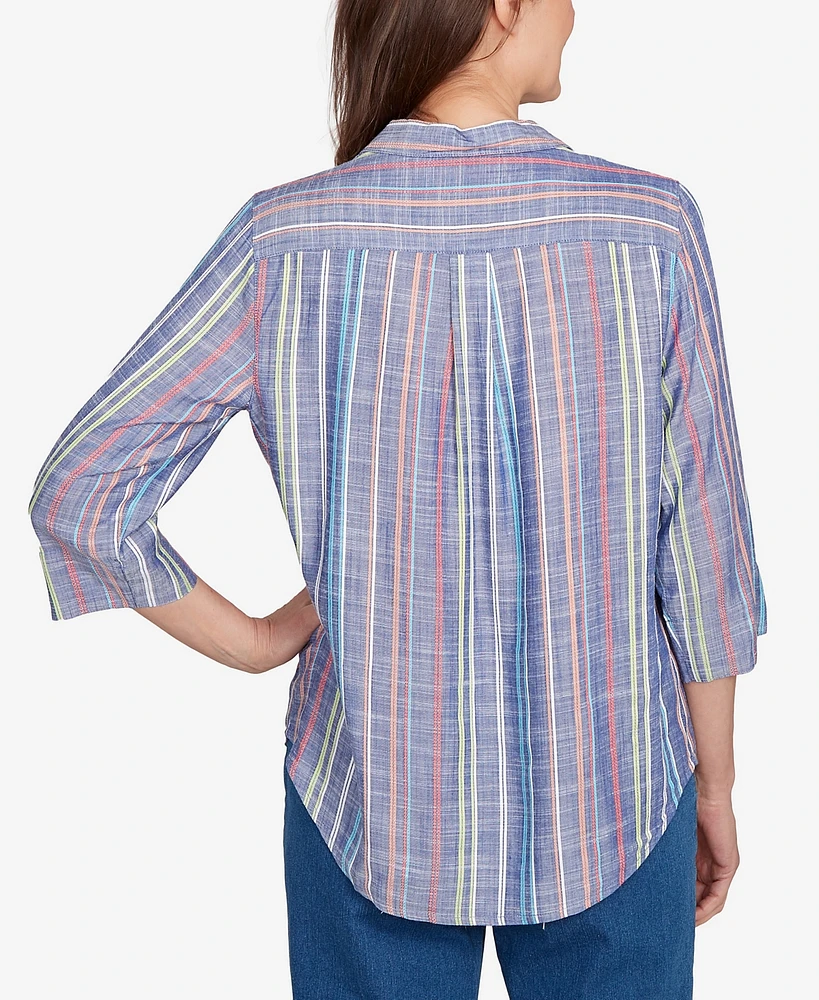 Alfred Dunner Petite El Paso Textured Multi Stripe Collared Top