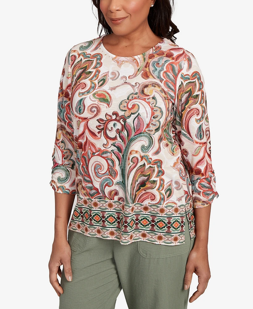 Alfred Dunner Petite Copper Canyon Textured Scroll Border Ruched Sleeves Crew Neck Top