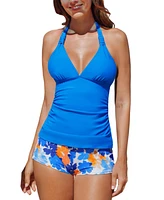 Cupshe Women's Halter V Neck Adjustable Straps Shorts Tankini Sets