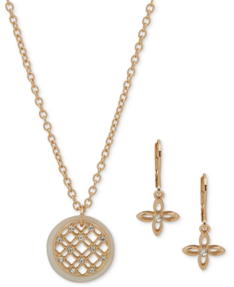Anne Klein Gold-Tone Pave Filigree & Mother-of-Pearl Disc Pendant Necklace Drop Earrings Set