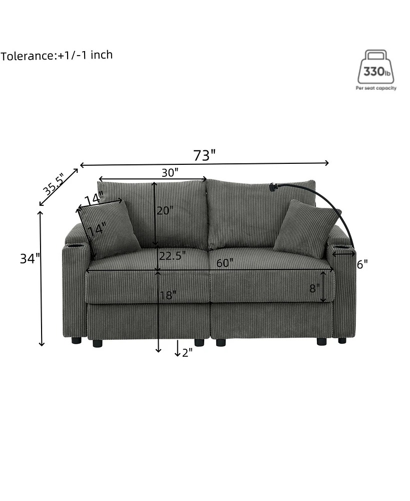 Corduroy Sofa Set with Storage, Cup Holders & Charging Ports