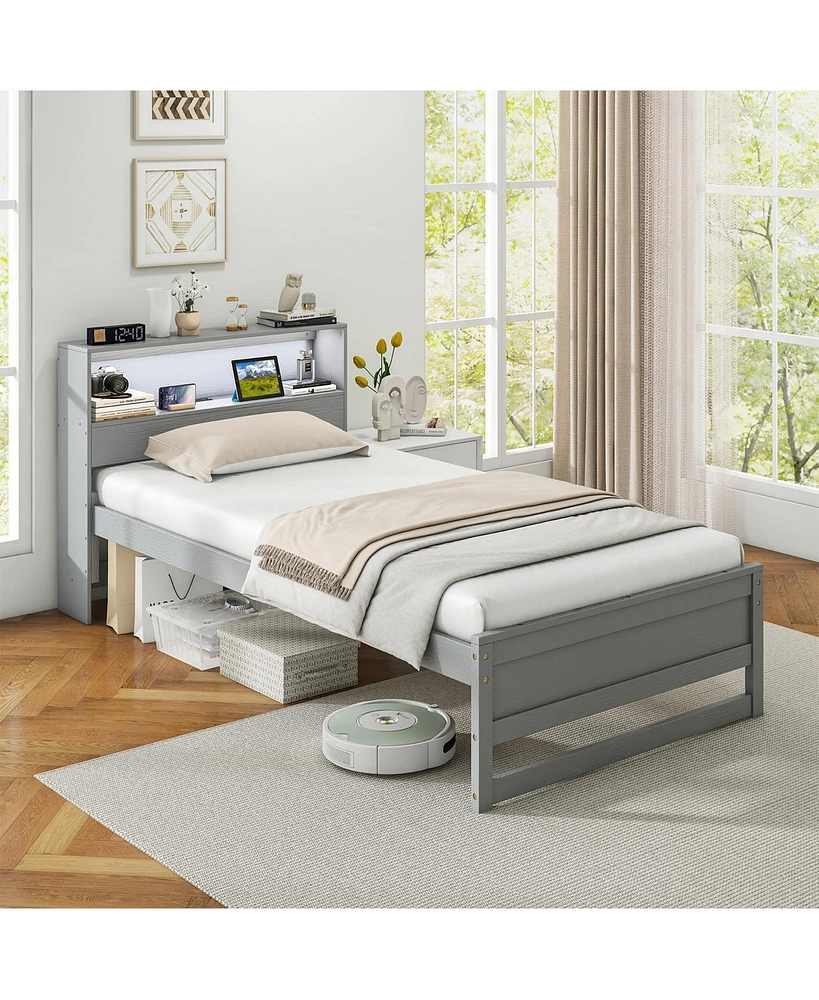 Gymax Twin Wooden Bed Frame w/ Charging Station & Led Light Storage Headboard